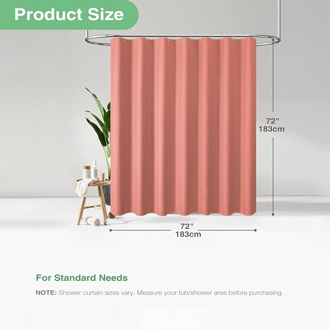 Waffle Shower Curtain 256 GSM Heavy Duty Fabric 72"x72" Coral | Thick Textured Cloth, Weighted Hem, Water Repellent Washable, Hotel Luxury Polyester Shower Curtain Set for Bathroom 12 Hooks