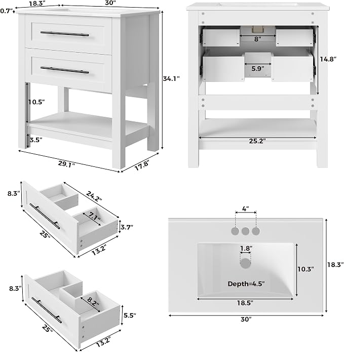LIKIMIO 30" Bathroom Vanity with Sink, 2 Drawers & Open Shelf, White | Freestanding Bathroom Vanity, Integrated Ceramic Sink, U-Shaped Drawers, Modern Bathroom Storage Cabinet, Easy Assembly