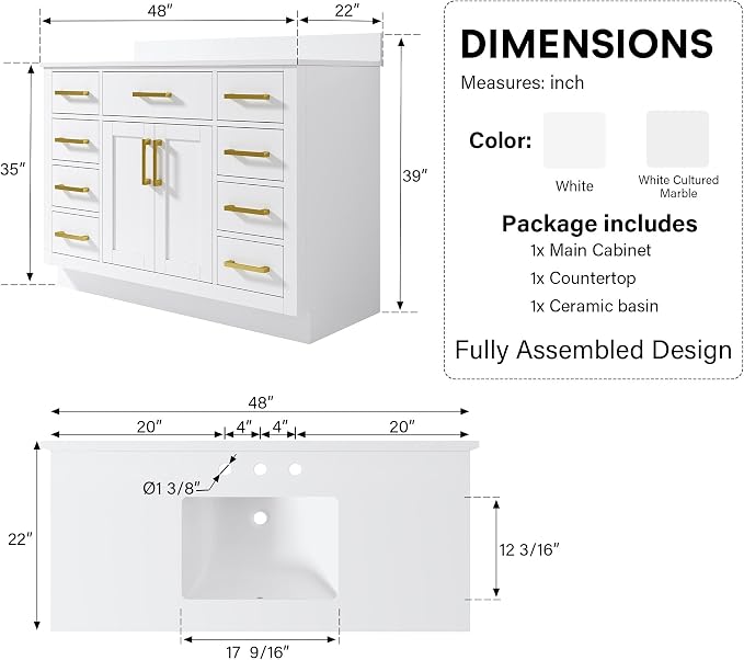 48-Inch Bathroom Vanity with Sink W/ 2 Doors & 8 Drawers & 1 Flip Drawer, White Vanity W/Brushed Gold Handles