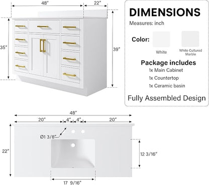 48-Inch Bathroom Vanity with Sink W/ 2 Doors & 8 Drawers & 1 Flip Drawer, White Vanity W/Brushed Gold Handles