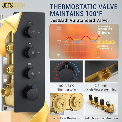 16" Thermostatic Dual Rainfall Head Matte Black Shower System | Ceiling Mounted Full Body Shower Faucet Set with Thermostatic Valve for Couples/ 2-Person，16“+6”Shower Head & handheld