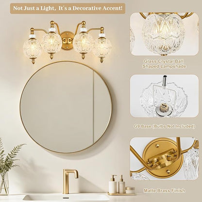 Vintage Bathroom Vanity Light, 4-Light Mid Century Matte Brass Finish Wall Sconce with Globe Glass Shades, Retro Mirror Light for Bathroom, Powder Room