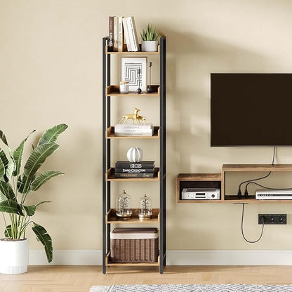 Rolanstar Bookshelf, 6-Tier Storage Rack, Narrow Corner Bookshelf, Display Wooden Shelves for Living Room, Bathroom, Balcony, Kitchen,Rustic Brown