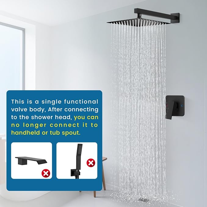 Matte Black Shower Faucet Set, 10 Inch Rain Shower System with Valve | Complete Rain Shower Set with Valve, Single Handle Wall Mount Design