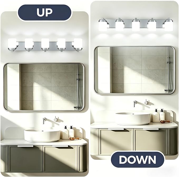 Vanity Lights for Bathroom, Farmhouse Bathroom Light Fixtures | 5-light chrome modern light fixture with milky white square glass shade, 36.5" modern bathroom lighting fixtures over mirror