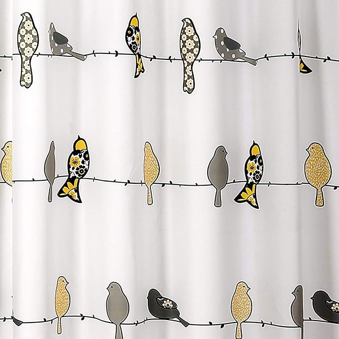 Lush Decor Rowley Birds Shower Curtain, 72” W x 72” L, Yellow & Gray - Colorful Floral Bird Pattern - Whimsical & Playful Bird Shower Curtain - Farmhouse, Coastal, & Boho Bathroom Decor