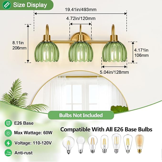 Bathroom Light Fixtures (3-Light, 20 in), Brushed Gold Vanity Lights for Bathroom with Ribbed Green Tulip Glass Shade, Vintage Vanity Wall Lights for Mirror Bedroom Living Room Hallway