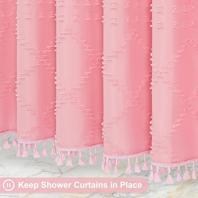 Pink Boho Woven Fabric Shower Curtain with Tassel 72 x 78, Tufted Textured | Modern Farmhouse Curtain for Bathroom, Long Bathroom Curtain, Minimalist Decor, Waterproof