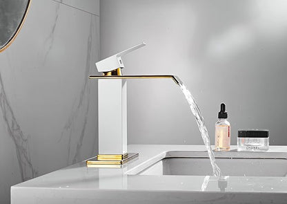 Bathroom Faucet Gold Spout Waterfall White Body Single Hole 1 Handle Bathroom Vanity Sink Faucet with Deck Plate and Pop Up Drain Stopper Overflow Brass Basin Mix Tap Deck Mount