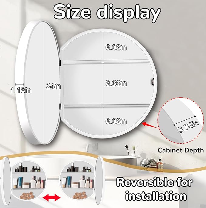 24 Inch Round Medicine Cabinet with Mirror, White Bathroom Medicine Cabinet for Wall Metal Framed, Surface Mount Only Circular Storage Cabinet with Vanity Mirror
