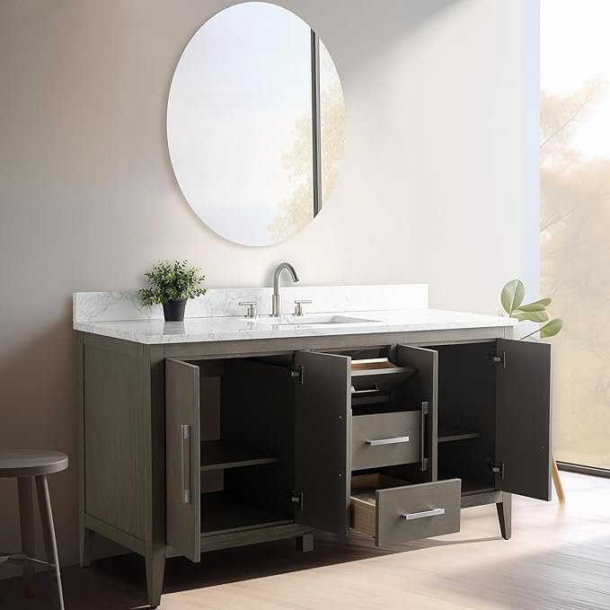 Vanity Art 60 inch Bathroom Vanity with Single Sink & Ceramic Top, Vanity Cabinet with Soft-Closing Doors, Drawers, Solid Wood Frame, Driftwood Gray, VA9060-SDG-MB1