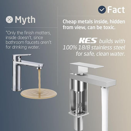 KES All Metal Brushed Nickel Bathroom Sink Faucet with Sink Drain NO Overflow, 1 Hole Single Handle Bathroom Vanity Faucet, Stainless Steel, cUPC NSF Certified, L3156ALFF12-BS-C2