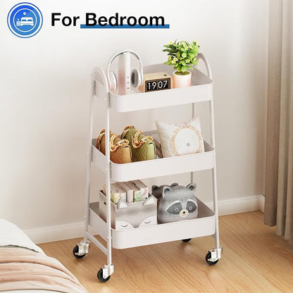 OLIXIS Metal 3 Tiers Utility Rolling Cart, Mobile Storage Shelf with Lockable Caster Wheels, Organization for Livingroom, Bathroom & Narrow Places, White