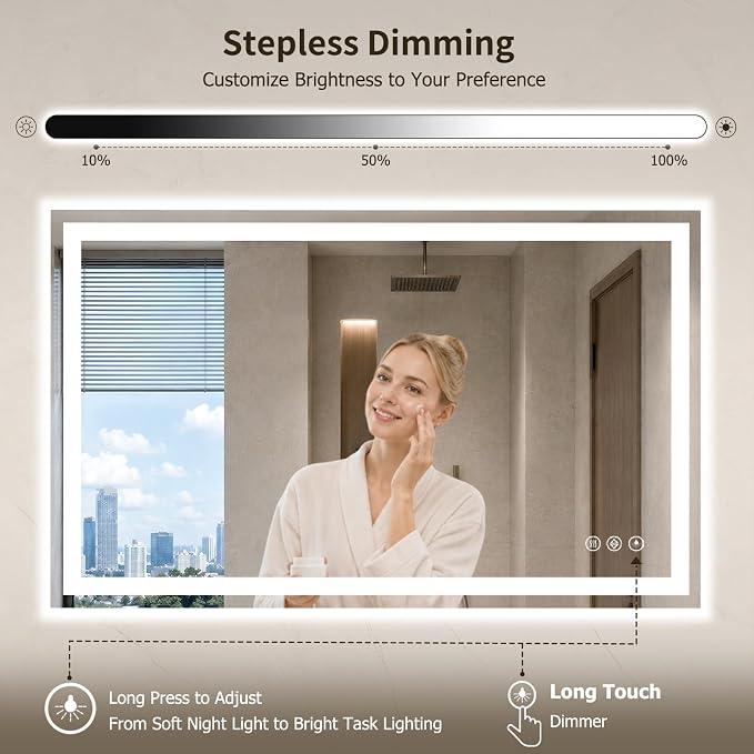 28"x48" LED Bathroom Mirror with Lights, Anti-Fog, Backlit+Frontlit | CRI 95, Stepless Dimmable, 3 Colors Lighting, Shatterproof Tempered Glass, HD Reflection, Memory, (Horizontal/Vertical)