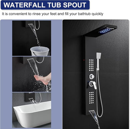 ROVATE 5 in 1 LED Rainfall Waterfall Shower Panel Tower System, Black | High Pressure Stainless Steel Shower Column with Tub Spout, Powerful Body Jets, Flexible Handheld, Brass Mixing Valve Body