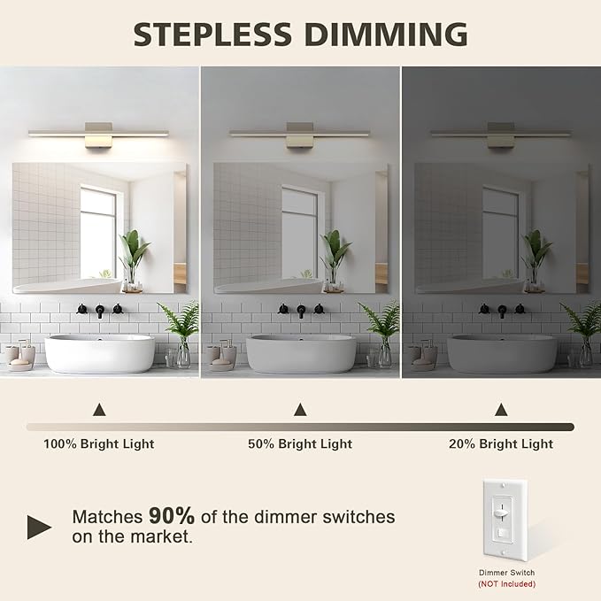 JUSHENG Brushed Nickel Vanity Lights for Bathroom Light Fixtures 5CCT Dimmable Vanity Light Bar LED Bathroom Lighting Over Mirror 24'' Inch 24W ETL Certificated