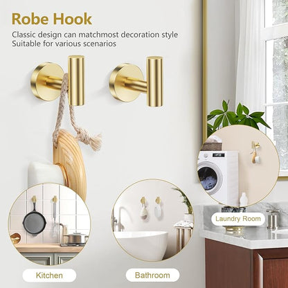 TQKAG Brushed Gold Bathroom Accessories, 5 Piece Towel Racks for Bathroom | 23.6" Bathroom Hardware Set, SUS304 Stainless Steel, Double Post Pivoting, Towel Hooks, Toilet Paper Holder Set Wall Mounted