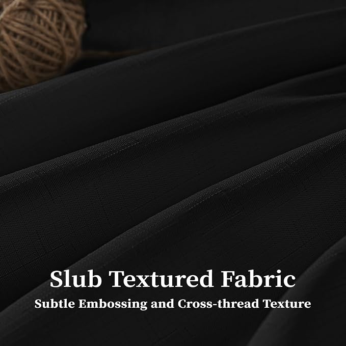 BTTN 72x78 Boho Scalloped Linen Textured Cloth Shower Curtain Set, Black | Long Size, 230GSM Waterproof Polyester, Heavy Duty Fabric, 12 Plastic Hooks, Elegant Modern Farmhouse Style, Machine Washable