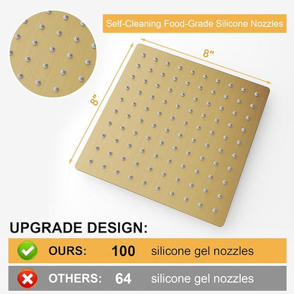8 In Rain Shower Head High Pressure Rainfall Shower Head Brushed Gold | Square Rain Bathroom Showerhead, High Flow, Large Stainless Steel, Ceiling Mounted, Wall Mounted, Waterfall Full Body
