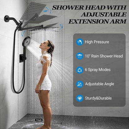 Shower Head,10”Rain Shower Head with Handheld Spray Combo with 11'' Angle Adjustable Extension Arm/Flow Regulator/Shower System,High Pressure Rainfall Shower Head Clean Bathroom,Matt Black