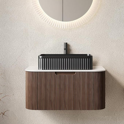 30'' Bathroom Vanities Cabinet with Sink, Wall Mounted Floating Cabinet W/Curved Edges Stripes, Oak Plywood, Soft-Close System with a Drawer, Black Rectangular Ceramic Basin - Kiel, Dark Walnut/B