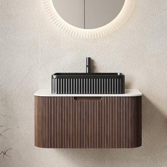 30'' Bathroom Vanities Cabinet with Sink, Wall Mounted Floating Cabinet W/Curved Edges Stripes, Oak Plywood, Soft-Close System with a Drawer, Black Rectangular Ceramic Basin - Kiel, Dark Walnut/B