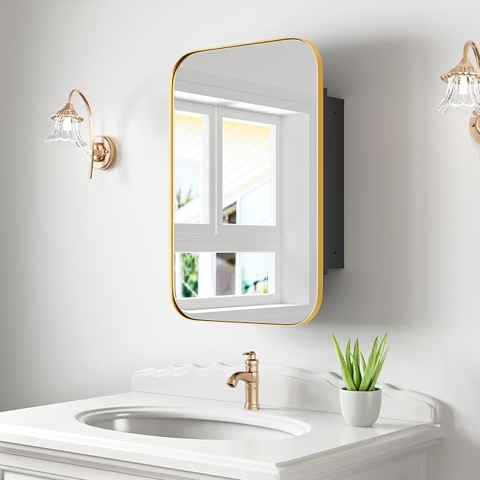 Casaphoria 24" H x 16" W W Bathroom Medicine Cabinet with Mirror, Metal Frame Wall Medicine Cabinets Mirrors, Wall Mirror Cabinet, Gold