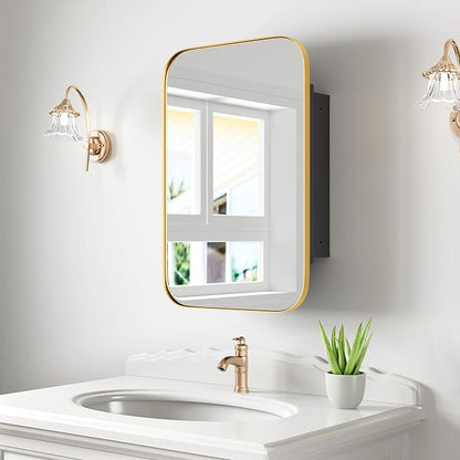 Casaphoria 24" H x 16" W W Bathroom Medicine Cabinet with Mirror, Metal Frame Wall Medicine Cabinets Mirrors, Wall Mirror Cabinet, Gold