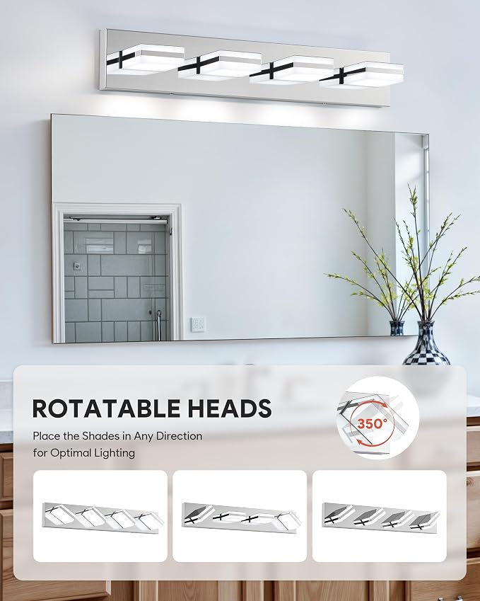 VONLUCE LED Modern Bathroom Vanity Light Fixture, Chrome | 26'', 4-Light, 3CCT, 360° Rotate, High CRI, Flicker-free, Dimmable, Memory Function, Waterproof IP44, Easy Installation