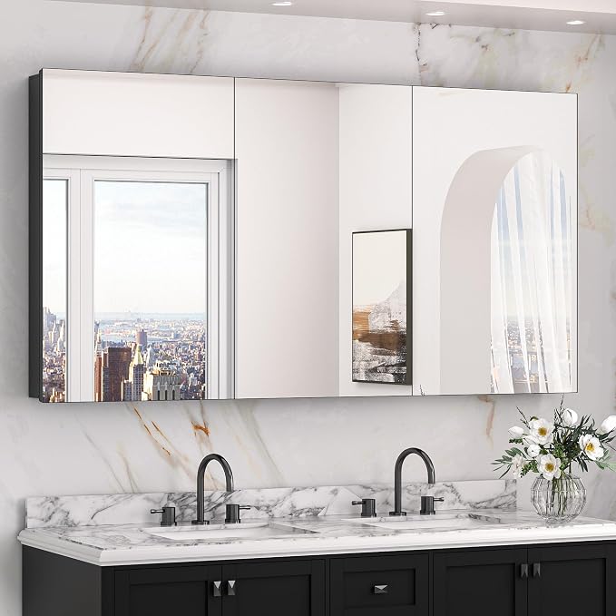 Keonjinn 60" x 32" Black Medicine Cabinet Mirror, Freely Adjustable Shelves | Assembly Needed, Lightweight Aluminum Frame, Surface Mount or Recessed, Soft Close, 3 Doors, Oversized Medicine Cabinet