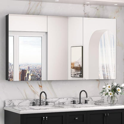 Keonjinn 60" x 32" Black Medicine Cabinet Mirror, Freely Adjustable Shelves | Assembly Needed, Lightweight Aluminum Frame, Surface Mount or Recessed, Soft Close, 3 Doors, Oversized Medicine Cabinet
