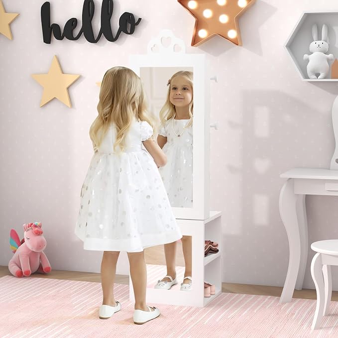CHARMAID Kids Jewelry Cabinet Armoire, 47" Full Length Mirror, Coat Rack, Back Storage Shelves, Standing Vanity Dressing Mirror for Girls, Kids Jewelry Organizer (White)