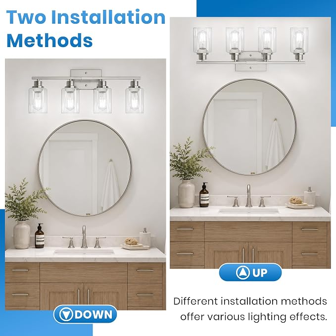 Ascher 4 Light Bathroom Light Fixture, Brushed Nickel Bathroom Lighting Fixtures Over Mirror, Vanity Light with Clear Glass Shade, Wall Sconce for Living Room Bedroom Cabinet, E26 Base
