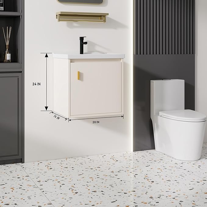 20'' Bathroom Vanity with Ceramic Sink Combo, Wall Mounted Small Bathroom Vanity with Soft-Close Door Modern Floating Cabinet, Pop-up Drain, P-Trap Included, Khaki(No Faucet)