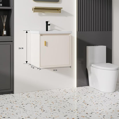 20'' Bathroom Vanity with Ceramic Sink Combo, Wall Mounted Small Bathroom Vanity with Soft-Close Door Modern Floating Cabinet, Pop-up Drain, P-Trap Included, Khaki(No Faucet)