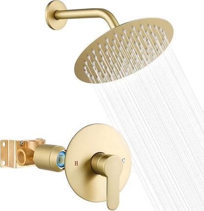 Heyalan 8-Inch Round Rain Shower Faucet Set with Valve,Brushed Gold | SUS304 stainless steel shower head, brass rough-in valve, single-handle control, 1.8 GPM, ideal for bathroom remodels