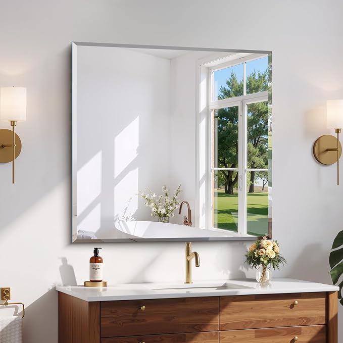 CILIBER Beveled Mirror, 36x36 Square Bathroom Mirrors for Wall, 3mm Tempered Glass Large Frameless Vanity Mirror Over Sink with Beveled Edge for Bathroom,Bedroom,Living Room and Entryway