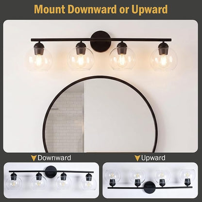 4 Light Bathroom Vanity Light, Black Vanity Light with Globe Glass Shades, Farmhouse Bathroom Light Fixtures Over Mirror, Modern Wall Light Fixture for Bedroom Hallway, E26 Socket
