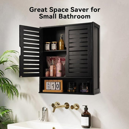 HYNAWIN Black Wall Mounted Bathroom Storage Cabinet with Shutter Doors, Adjustable Shelf, Magnetic Lock & Open Shelf for Kitchen, Living Room, or Entryway