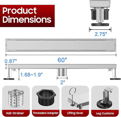DLONE® Linear Shower Drain - 60 Inch Brushed Nickel, with Tile Insert Panel | AISI 304 Stainless Steel Linear Drain, Rectangle Shower Floor Drain, with Adjustable Feet, Fits Bathroom & Balcony etc