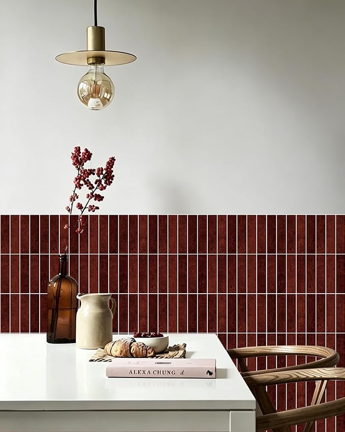 MORCART 10PCS 11.8"x11.8" Peel and Stick Backsplash, Vintage Red | 3D Adhesive Waterproof Wall Tiles for Kitchen, Bathroom, Living Room, Laundry Room, Subway Tiles