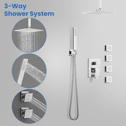 gotonovo Ceiling Shower System with 4pcs Full Body Jets,Polished Chrome | SUS304 12’’ Rain Shower Head with Handheld Spray,Brass Body Message Jets,Ceiling Mount,Rough-in Valve and Trim Kit,All Metal