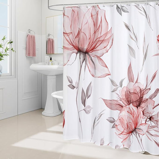 Red Boho Floral Shower Curtain, Watercolor Botanical Design, 72 x 84 | Boho Floral Design, Watercolor Ink Painting Style, Botanical Flowers & Leaves, Elegant Bathroom Accent, Fabric Cloth Curtain