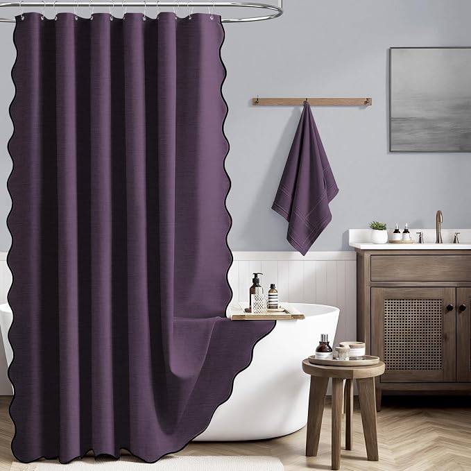 BTTN Extra Long Boho Scalloped Linen Textured Shower Curtain, 72x96, Purple | Extra Tall Size, 230GSM Waterproof Polyester, Heavy Duty Fabric, 12 Plastic Hooks, Elegant Farmhouse Style, Machine Washable