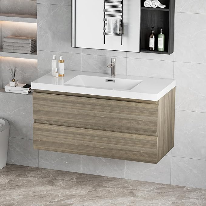 Floating Vanity Bathroom, 42 Inch Bathroom Vanity with Sink, Wall Mounted Single Sink Bathroom Vanity, Soft Closed 2 Drawers, Integrated Sink (Ash Grey)