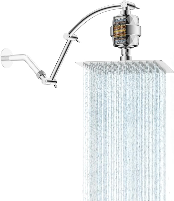 Hibbent 10'' Filtered Rain Shower Head with 16'' Extension Arm, Chrome | High Pressure Rainfall Showerhead, Brass Adjustable Shower Head Extension Arm, 20 Stage Shower Filter, Fixed Showerheads