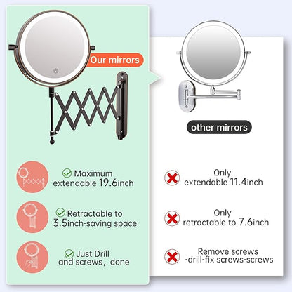 Rechargeable Wall Mounted Makeup Mirror - 8 Inch Double Sided 30X/5X Magnifying Mirror with 3 Color Lights Dimmable Touch Screen, 360°Swivel 19.6 Inch Extendable Accordion Bathroom Mirror
