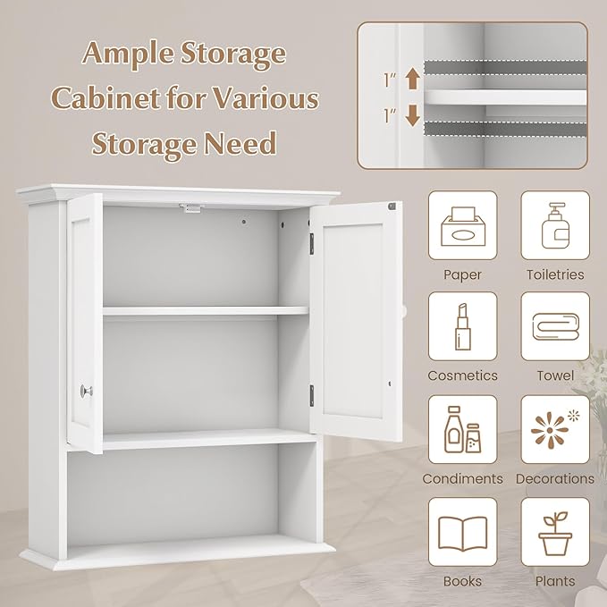 Giantex Bathroom Cabinet Wall Mount, Medicine Cabinet with Adjustable Shelf, Open Shelf, Over The Toilet Space Saver Storage Organizer for Laundry Room, Kitchen, Cupboard (White)