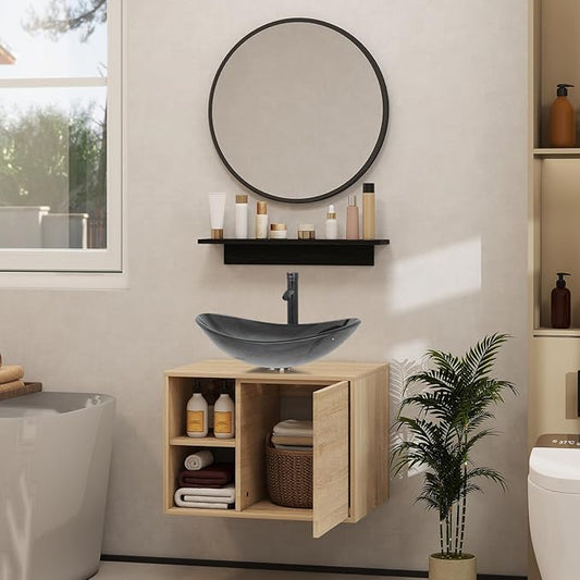 YOURLITE Bathroom Vanity, Black Clear Glass Sink, Wall-Mounted, 24" Floating Bathroom Cabinet with Mirror, Shelves & Faucet