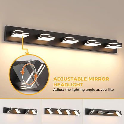 5-Light 5CCT Modern Bathroom Vanity Light Fixtures, 40-Inch 350° Rotatable LED Vanity Lights Over Mirror, Dimmable Matte Black Metal Wall Sconce 2700K-6000K Selectable